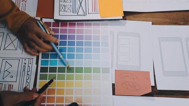 Web design process. The web designer creating a mockup of the mobile application according to the customer's brief. Samples and sketches laying at the table