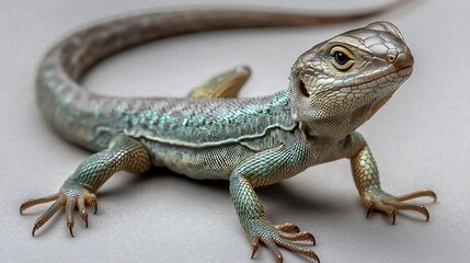 Fototapeta premium Green Lizard with Sharp Claws on White Background