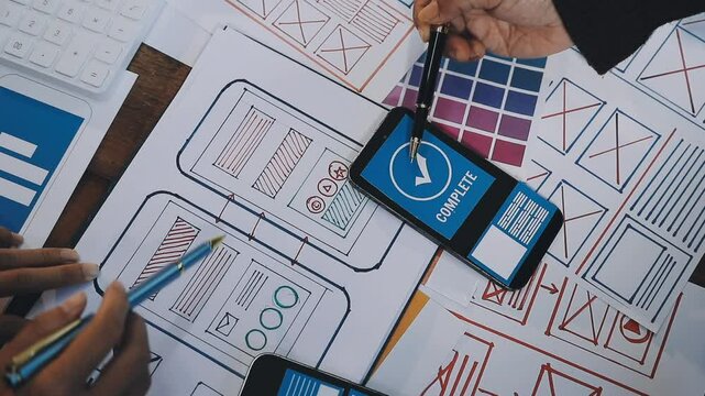 Web design process. The web designer creating a mockup of the mobile application according to the customer's brief. Samples and sketches laying at the table