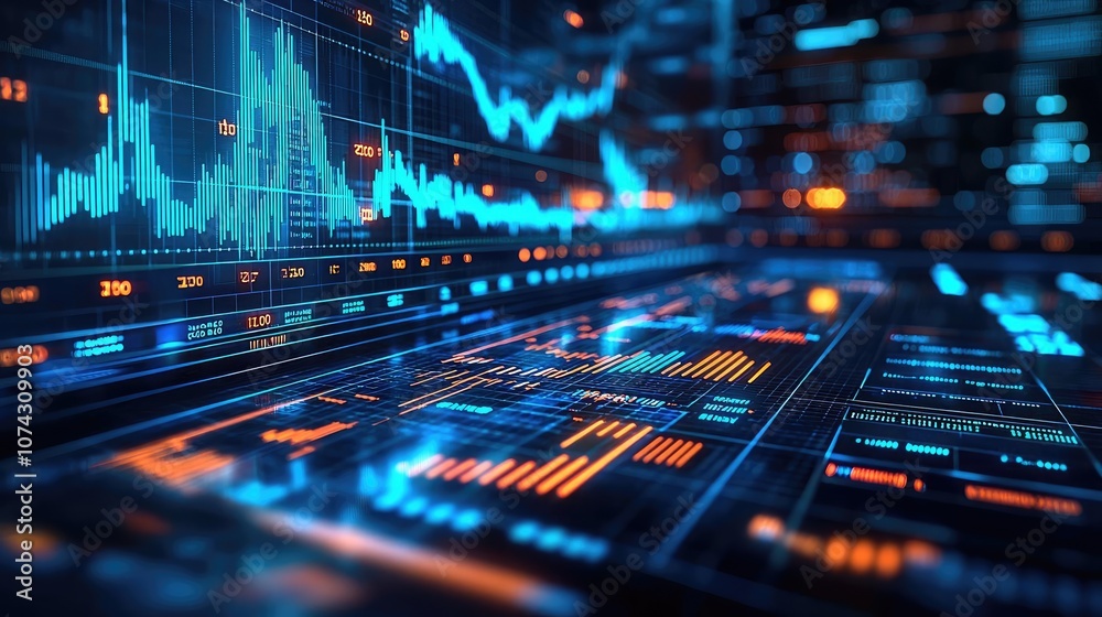 Poster Digital finance chart with glowing graphs and data analysis, dark background.
