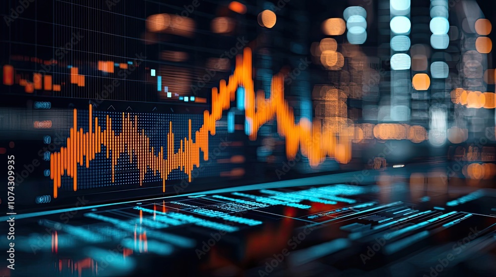 Poster Dynamic financial graph with orange lines on a digital interface background.