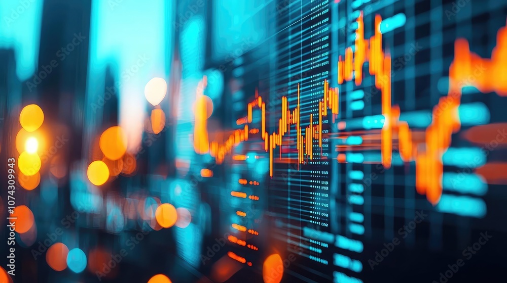 Poster stock market data visualization with glowing graphs and blurred city background.