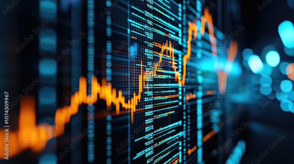Poster Data visualization with glowing graphs on a dark background.
