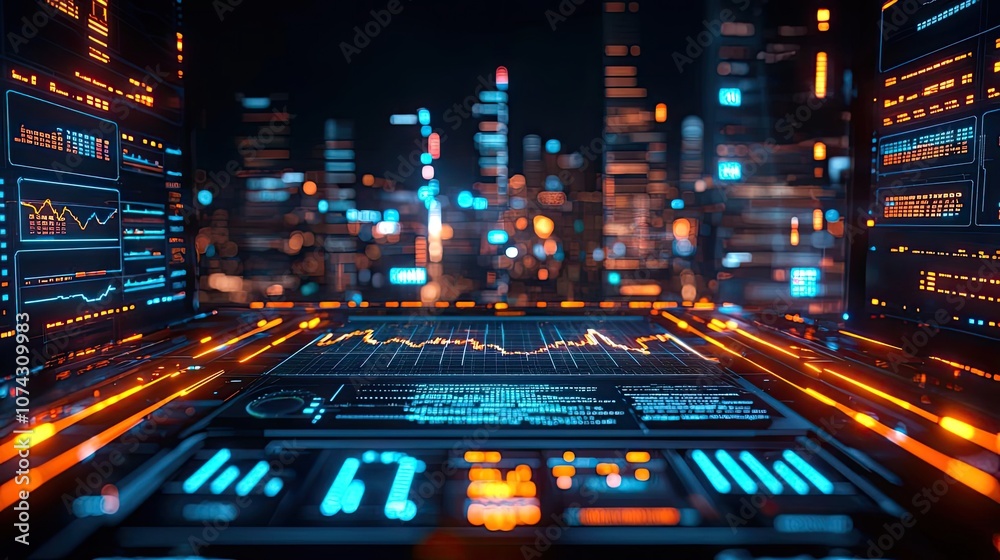 Aufkleber Futuristic digital interface with glowing data visualizations in a cityscape.