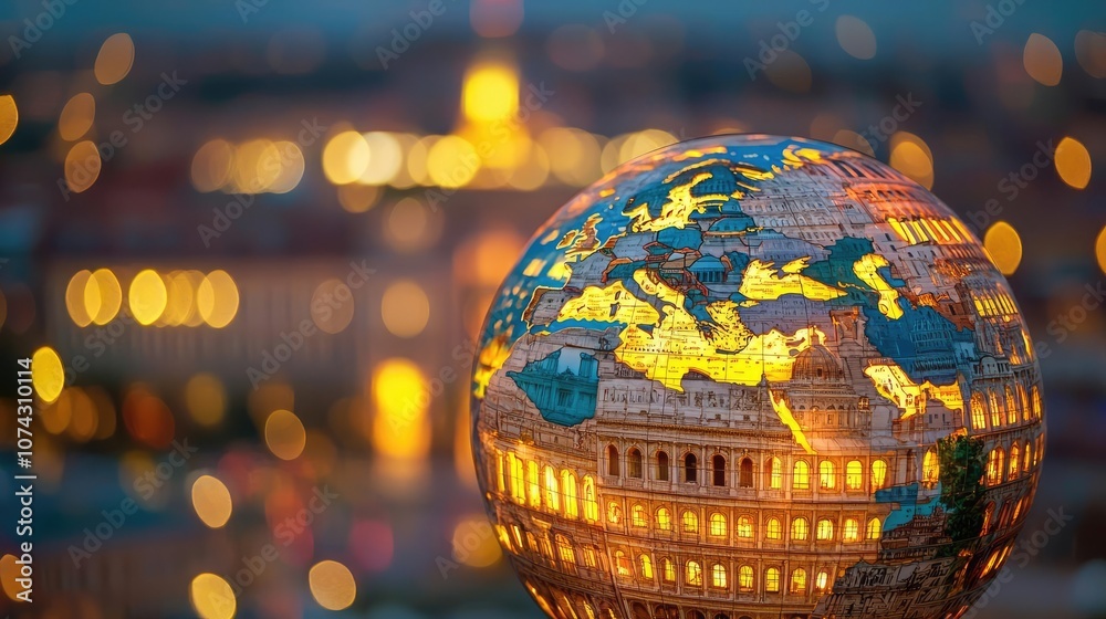 Poster glowing globe showing europe against a blurred city background at twilight.