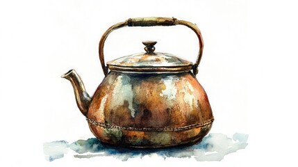 Antique metal kettle watercolor artwork Handcrafted vintage metallic pot Traditional aged copper container element Rustic bronze teapot on a white background