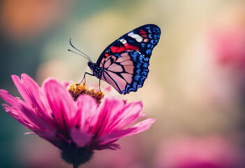 A vibrant butterfly with colorful wings perched on a pink flower, surrounded by a blurred background of more flowers, creating a serene and natural scene.