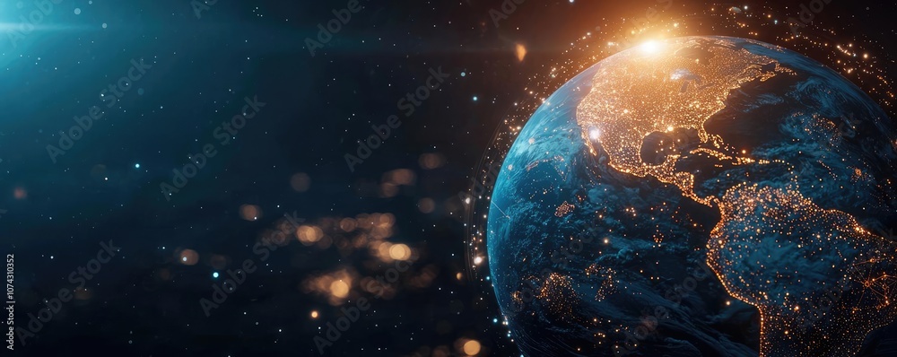 Poster glowing earth viewed from space with intricate lighting and cosmic background.