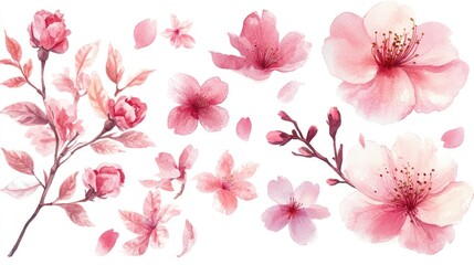 Obraz premium Watercolor illustration of spring sakura flowers featuring realistic cherry blossoms rose petals branches and leaves isolated on a white background