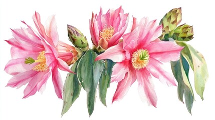 Obraz premium Blooming Schlumbergera cactus on a white background Watercolor artwork