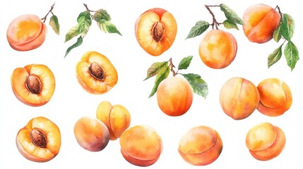 Watercolor food collection featuring ripe sweet apricots on a white background