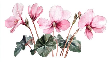 Obraz premium Watercolor illustration of cyclamen flowers featuring pink blooms showcasing a botanical design suitable for home decor Watercolor clipart of pink cyclamen