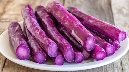 Bunch of purple asparagus spears arranged on a white plate, accentuating their unique color.
