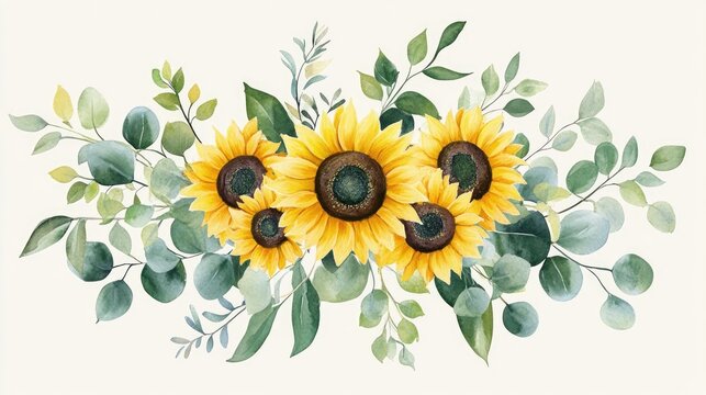 Watercolor illustration featuring a bouquet of sunflowers eucalyptus leaves and roses ideal for decoration on wedding invitations birthday invites and other celebratory cards