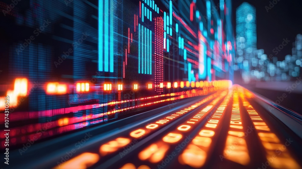 Poster Abstract digital data visualization, bright lines and graphs, dark background.
