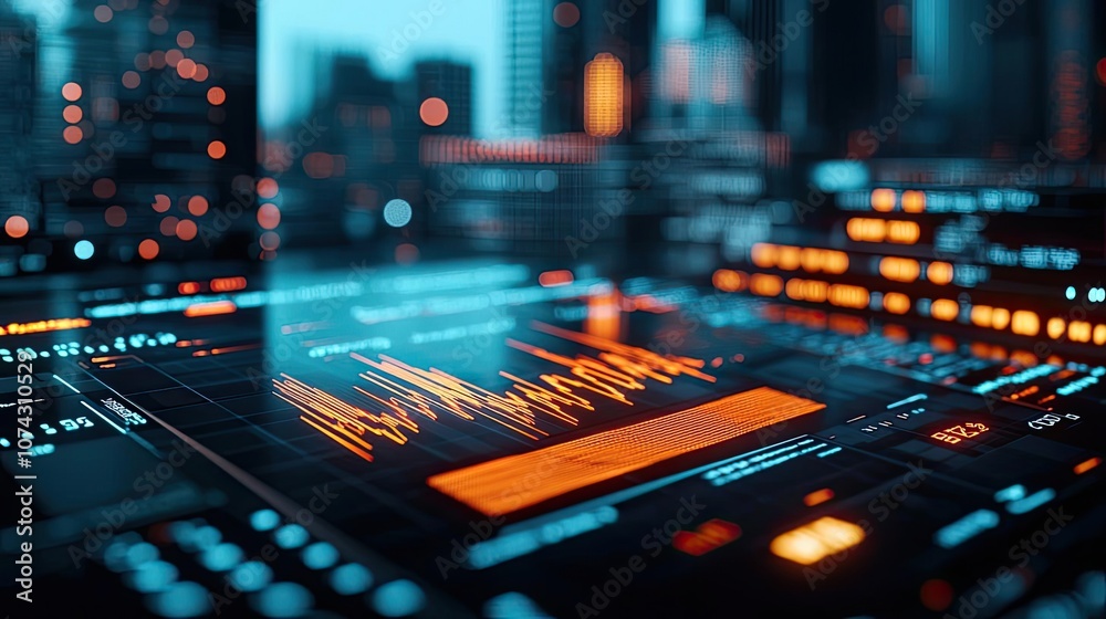 Poster Futuristic interface displaying data analytics in urban city background.
