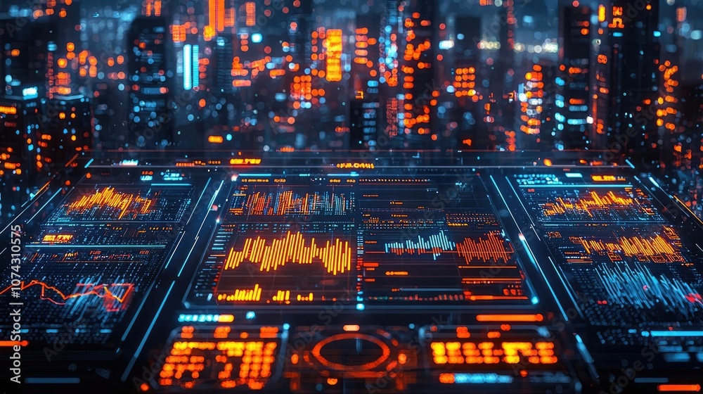 Poster Futuristic control panel with data visualizations in a neon cityscape.