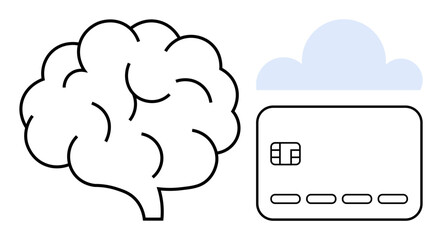 Human brain outline next to a credit card and cloud icon. Ideal for technology, AI, finance, cybersecurity, cloud computing, digital banking, innovation. Line metaphor
