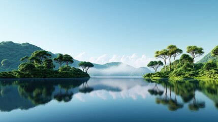 Serene Lake with Lush Green Trees and Mountain Reflection, Calm Waters and Clear Blue Sky Scene