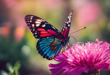 Obraz premium A vibrant butterfly with colorful wings perched on a pink flower, surrounded by a blurred background of more flowers, creating a serene and natural scene.