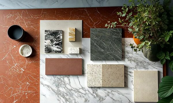 A flat lay of various stone and tile samples on a table, showcasing textures and colors.