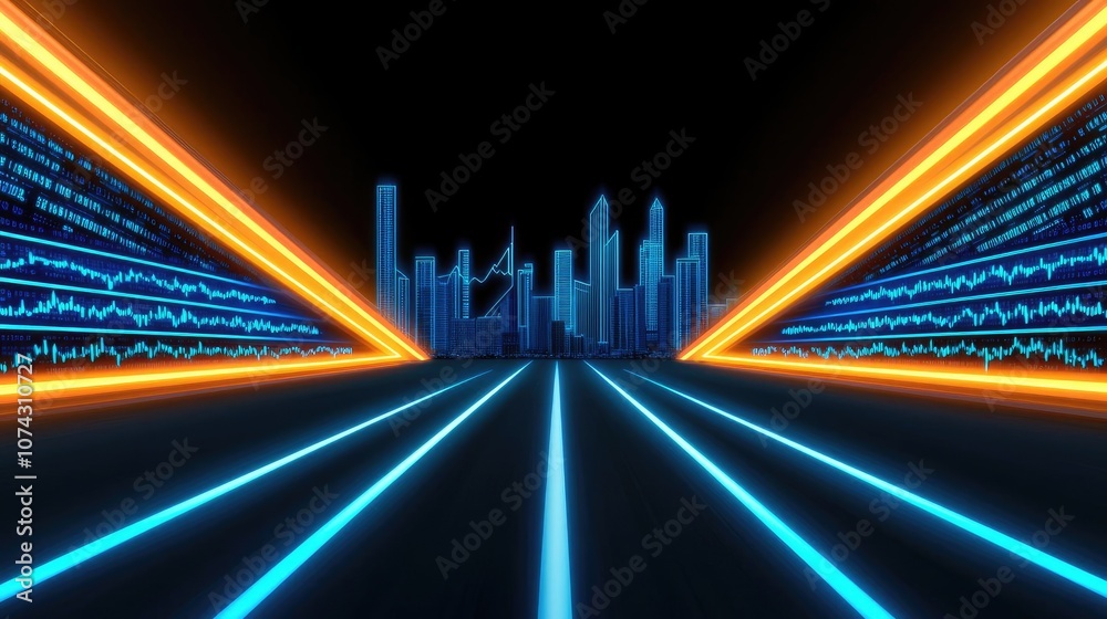 Poster futuristic cityscape with neon lights and digital waveforms on dark background.