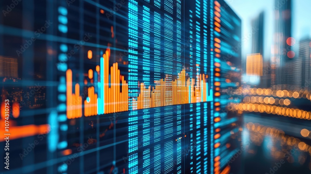 Poster digital financial data visualizations with vibrant graphs on a blue background.
