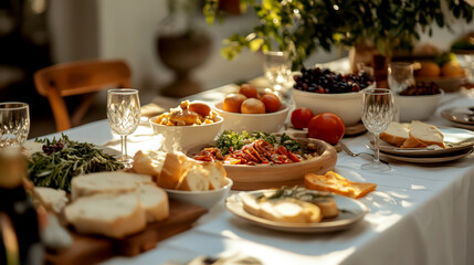 Greek independence day celebration with traditional mediterranean feast and decor. Horizontal banner. Copy space. Holiday decorated table