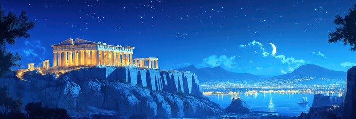 Celebrating Greece independence day with iconic parthenon under starry night sky. Horizontal banner. Copy space