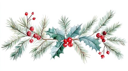 Decorative composition of holly berries and fir branches symbolizing Christmas and New Year Hand drawn watercolor illustration isolated on a white background