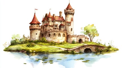 Obraz premium Watercolor architectural illustration of a castle in a circular format on a white background