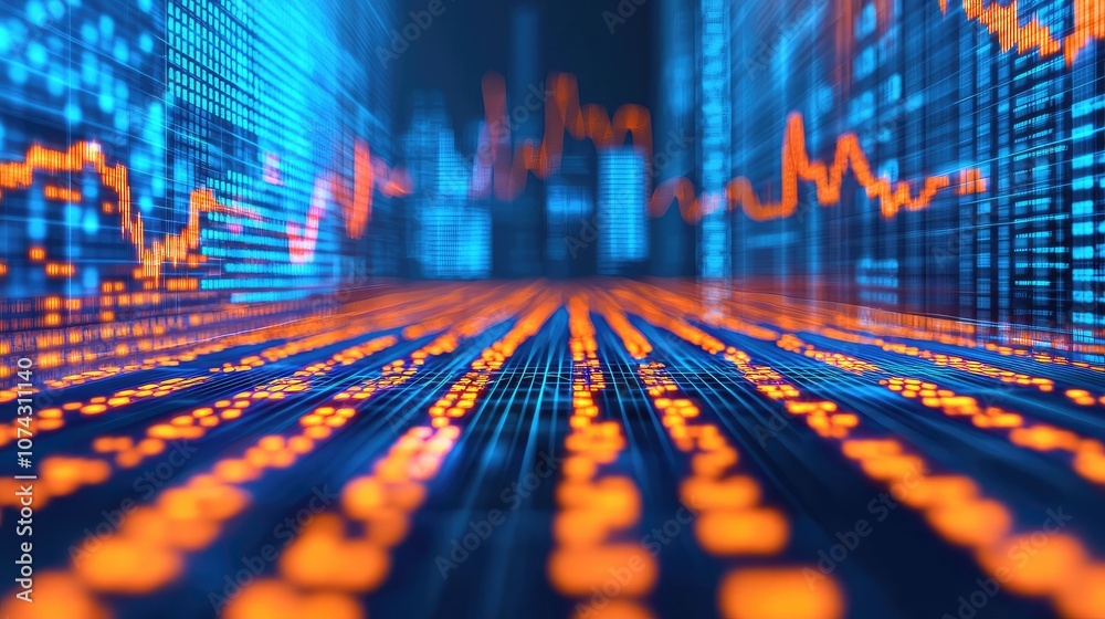Poster Abstract data visualization with glowing lines and numbers on a digital background.