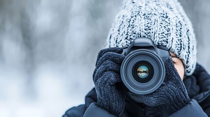 Enthusiastic photographer captures stunning winter landscapes with professional camera equipment