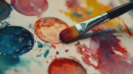 Obraz premium Close up of watercolor paints and brush