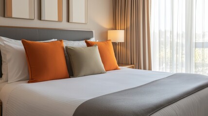 Fototapeta premium A modern, stylish bedroom featuring a comfortable bed with decorative pillows, warm colors, and natural light streaming through large curtains.