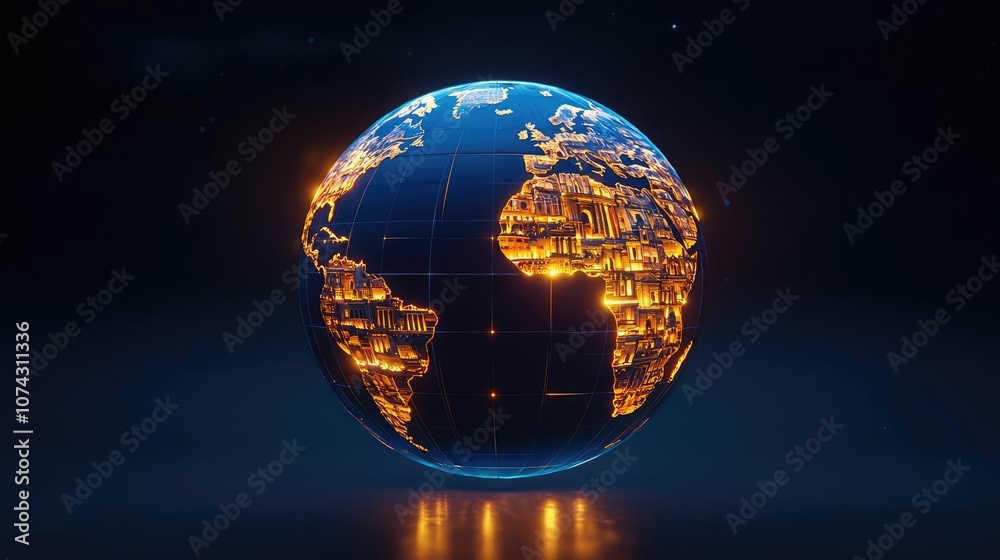 Poster glowing globe showcasing a network of connections on a dark background.