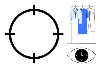 Clothing rack with various outfits next to a clock inside an eye and a crosshair symbol. Ideal for fashion design, retail, wardrobe planning, time management, productivity, lifestyle, focus. Line