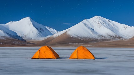 Experience the serenity of nature with bright orange tents amidst majestic snowy mountains