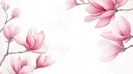 Naklejka premium Watercolor and pencil illustration of pink magnolia flowers on a white backdrop Spring floral frame design
