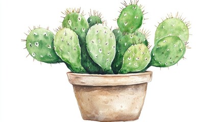 Watercolor illustration of a detailed cactus houseplant in a pot