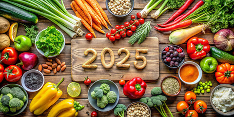 2025 made from healthy food ingredients surrounded by fresh vegetables, promoting wellness and healthy resolutions for the New Year