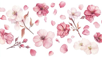 Watercolor illustration of spring sakura flowers featuring realistic cherry blossoms rose petals branches and leaves isolated on a white background