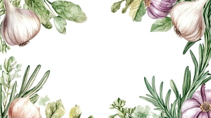 Aromatic kitchen herbs including garlic and rosemary depicted in a watercolor frame a hand painted composition suitable for cards invitations recipes cookbooks packaging and product labels