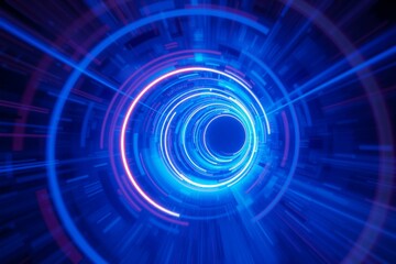 Futuristic Glowing Blue Vortex Tunnel with Neon Light.generative AI
