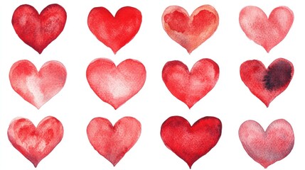 Fototapeta premium Watercolor hand painted hearts for Valentine s Day A collection of hearts suitable for greeting cards prints packaging design textiles labels stickers postcards and decorative elements Red hearts 