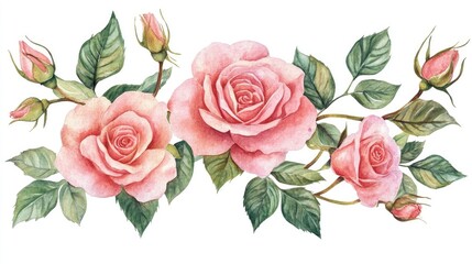 Naklejka premium Botanical watercolor illustration of pink roses with green leaves ideal for romantic decorations greeting cards weddings and anniversary celebrations