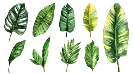 Tropical leaves in watercolor style Botanical illustration of a lush jungle Exotic watercolor collection