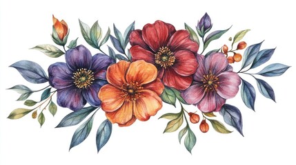 Fototapeta premium Watercolor floral bouquet with flowers and leaves isolated on a white background suitable for holiday and design purposes