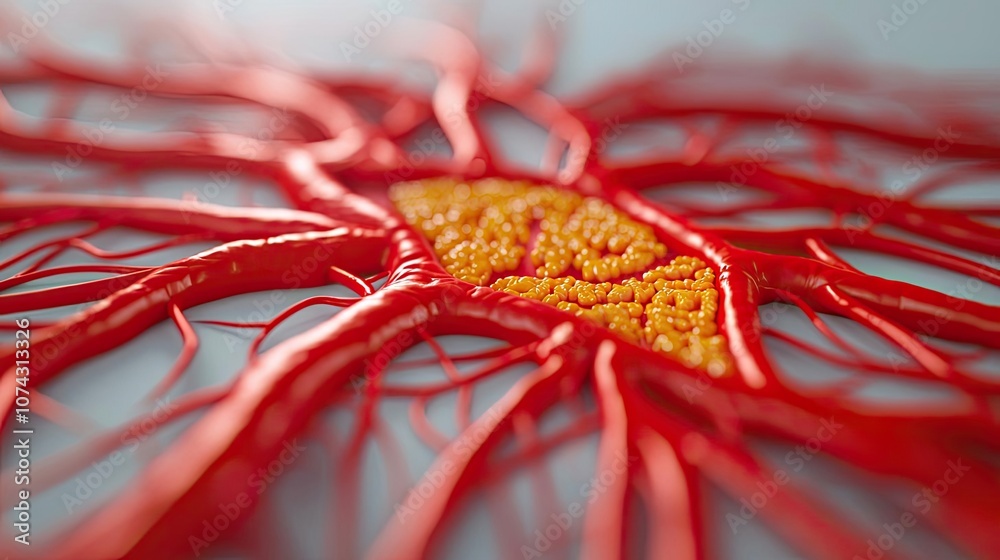 Poster Close-up of vibrant red neuron structure with yellow nucleus on a smooth surface.