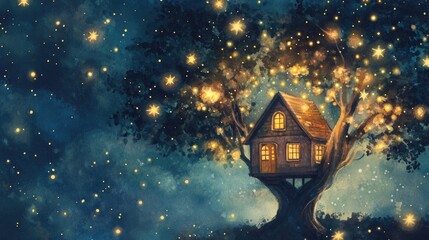 Fototapeta premium Watercolor illustration of a house nestled in a tree surrounded by stars and lights